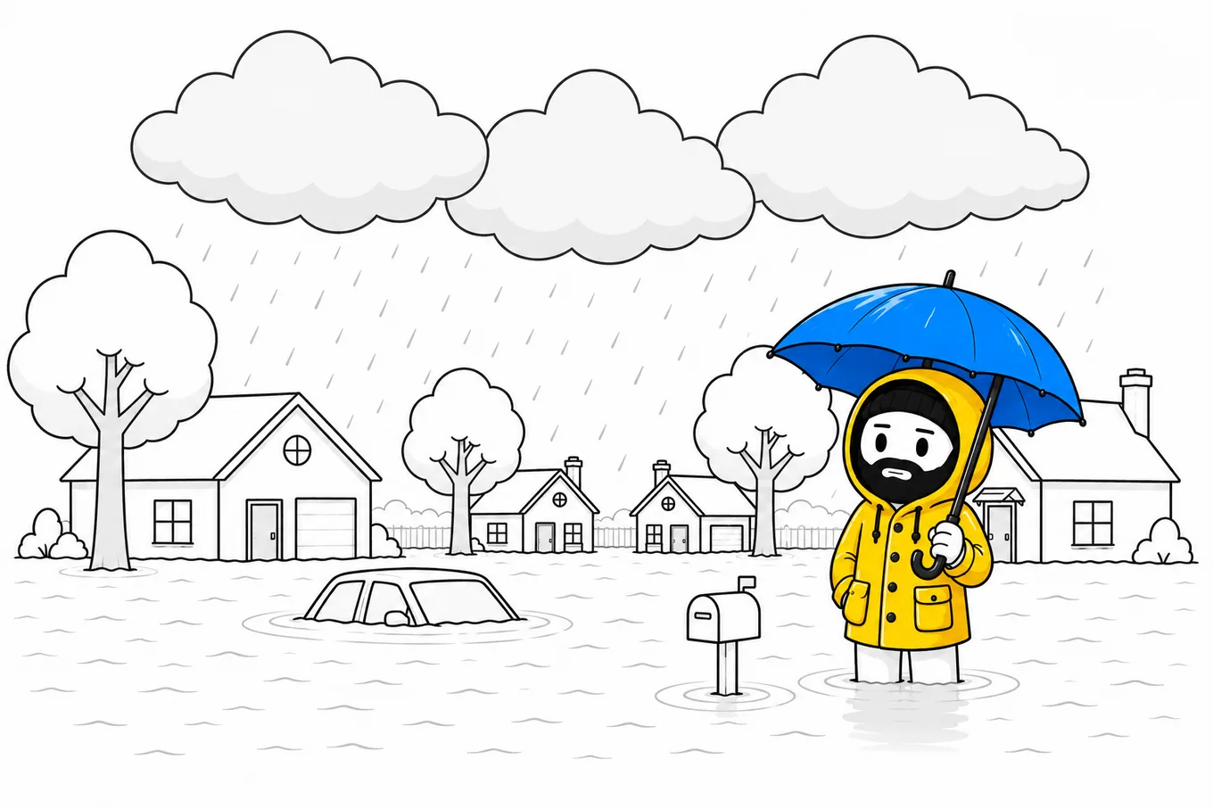 Illustration of the El Niño mascot in a rain slicker holding an umbrella in a flooded neighborhood